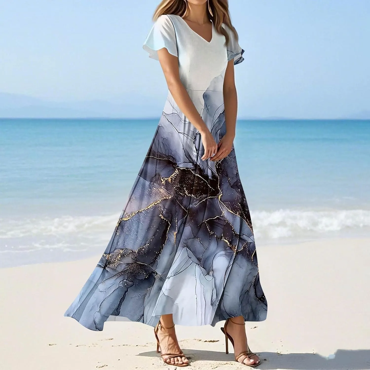 Women's 2025 Summer Maxi Dress Elegant Casual Floral Print Bohemian Ruffle Sleeve V Neck Beach Vacation Swing Dresses
