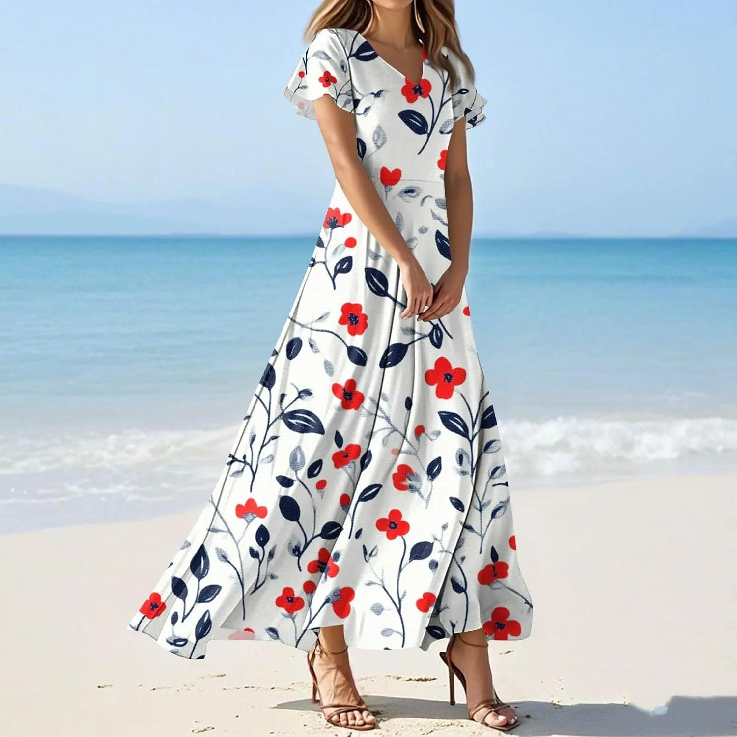 Women's 2025 Summer Maxi Dress Elegant Casual Floral Print Bohemian Ruffle Sleeve V Neck Beach Vacation Swing Dresses