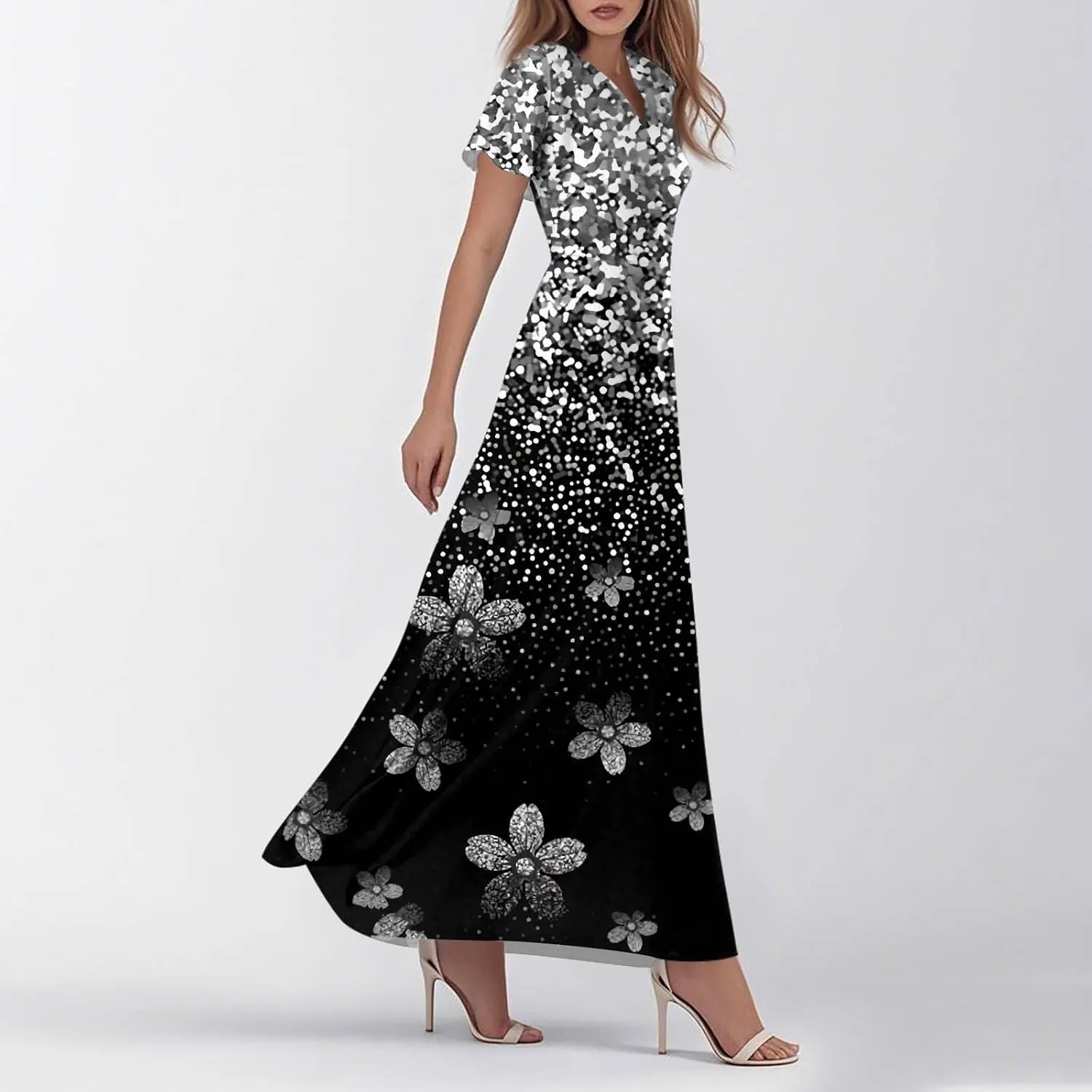 Women's 2025 Summer Maxi Dress Elegant Casual Floral Print Bohemian Ruffle Sleeve V Neck Beach Vacation Swing Dresses