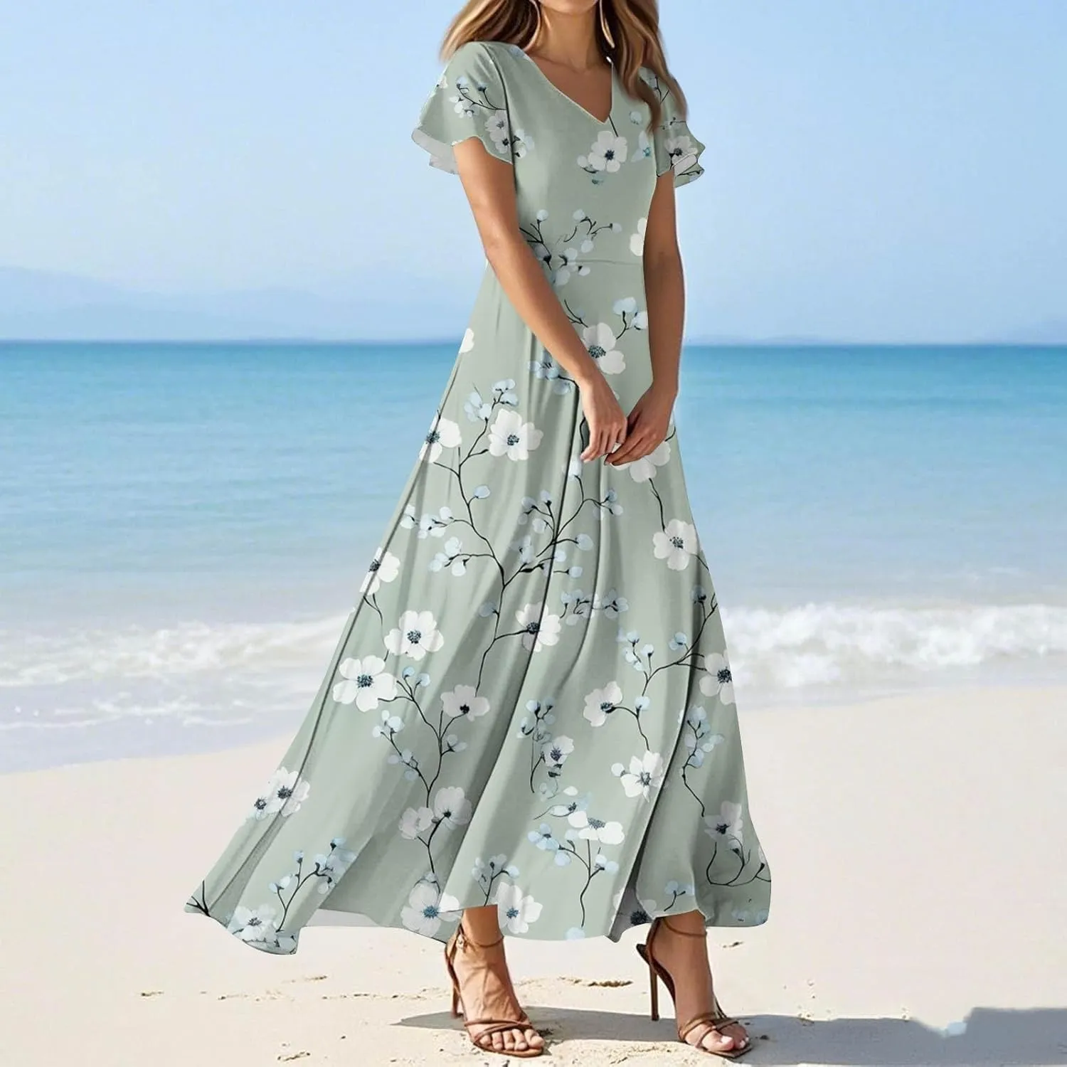Women's 2025 Summer Maxi Dress Elegant Casual Floral Print Bohemian Ruffle Sleeve V Neck Beach Vacation Swing Dresses