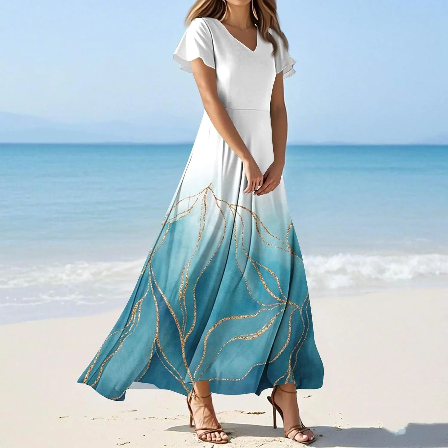 Women's 2025 Summer Maxi Dress Elegant Casual Floral Print Bohemian Ruffle Sleeve V Neck Beach Vacation Swing Dresses