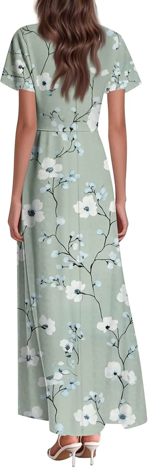 Women's 2025 Summer Maxi Dress Elegant Casual Floral Print Bohemian Ruffle Sleeve V Neck Beach Vacation Swing Dresses
