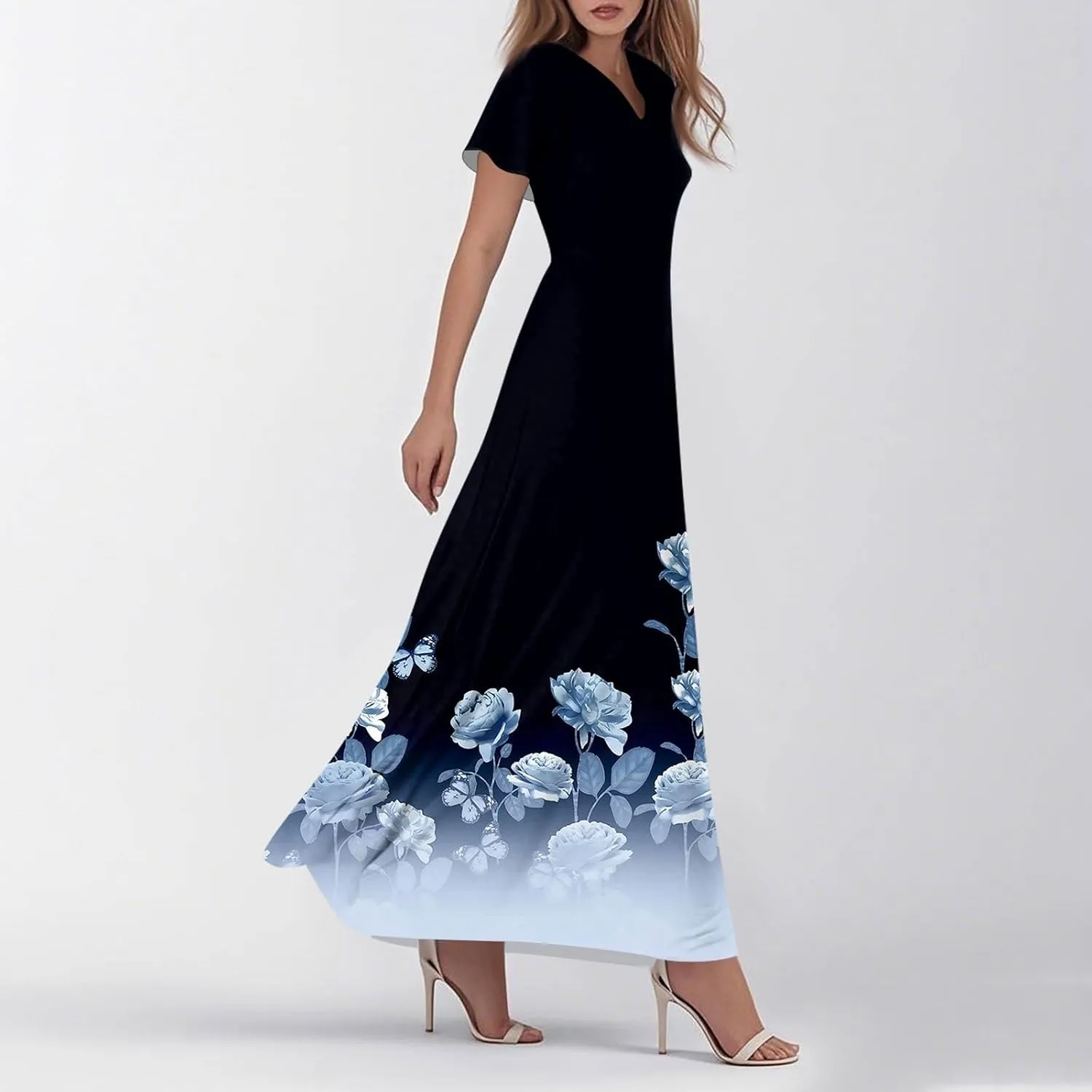 Women's 2025 Summer Maxi Dress Elegant Casual Floral Print Bohemian Ruffle Sleeve V Neck Beach Vacation Swing Dresses