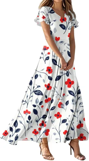 Women's 2025 Summer Maxi Dress Elegant Casual Floral Print Bohemian Ruffle Sleeve V Neck Beach Vacation Swing Dresses