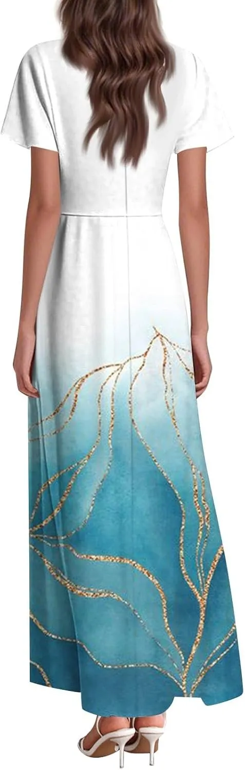 Women's 2025 Summer Maxi Dress Elegant Casual Floral Print Bohemian Ruffle Sleeve V Neck Beach Vacation Swing Dresses