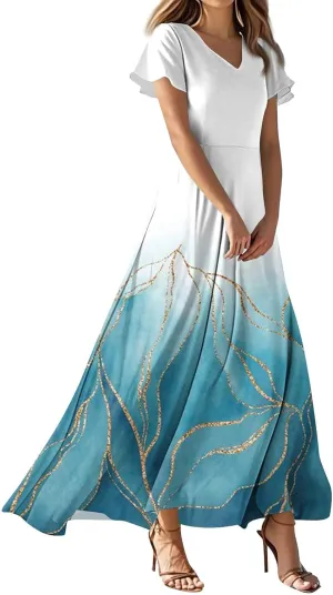 Women's 2025 Summer Maxi Dress Elegant Casual Floral Print Bohemian Ruffle Sleeve V Neck Beach Vacation Swing Dresses