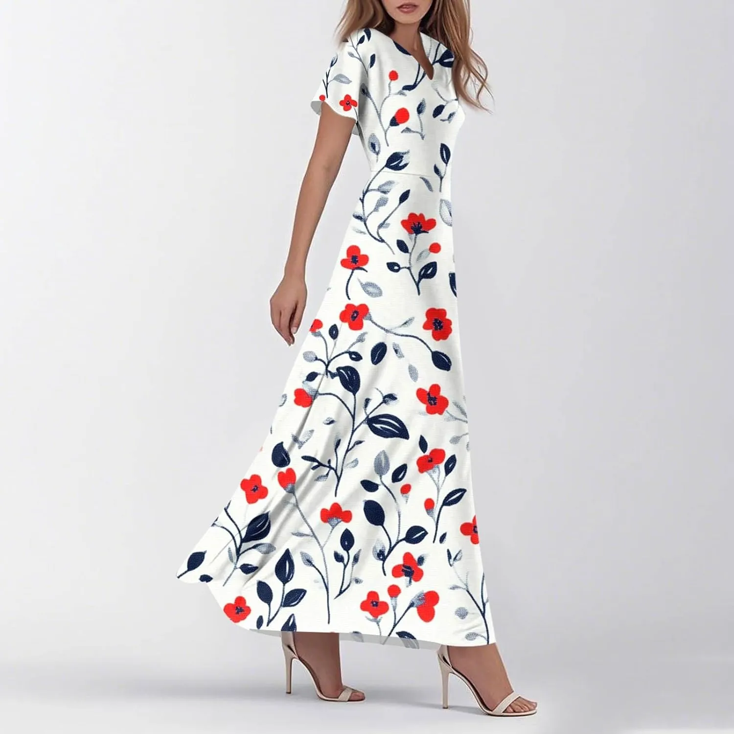 Women's 2025 Summer Maxi Dress Elegant Casual Floral Print Bohemian Ruffle Sleeve V Neck Beach Vacation Swing Dresses