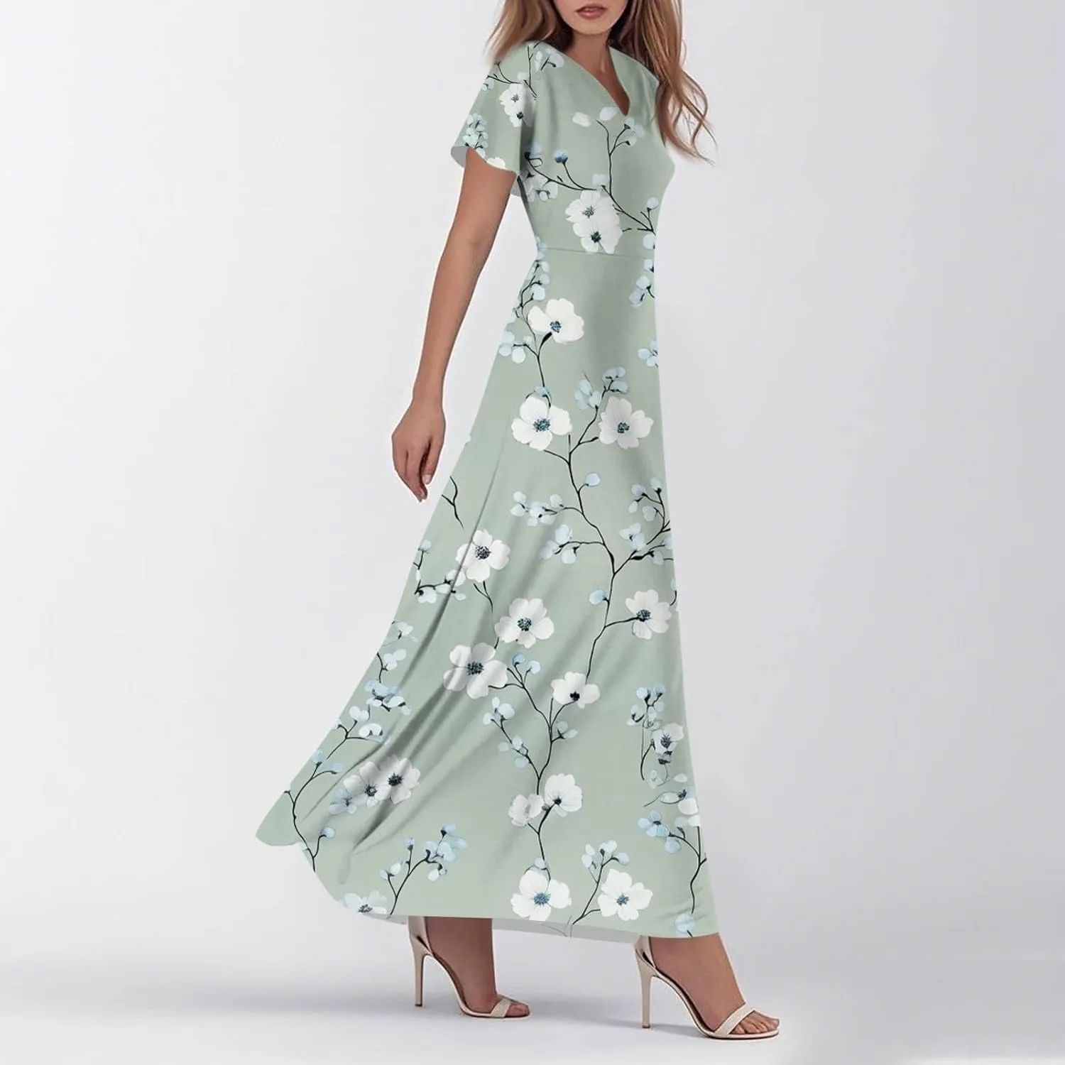 Women's 2025 Summer Maxi Dress Elegant Casual Floral Print Bohemian Ruffle Sleeve V Neck Beach Vacation Swing Dresses