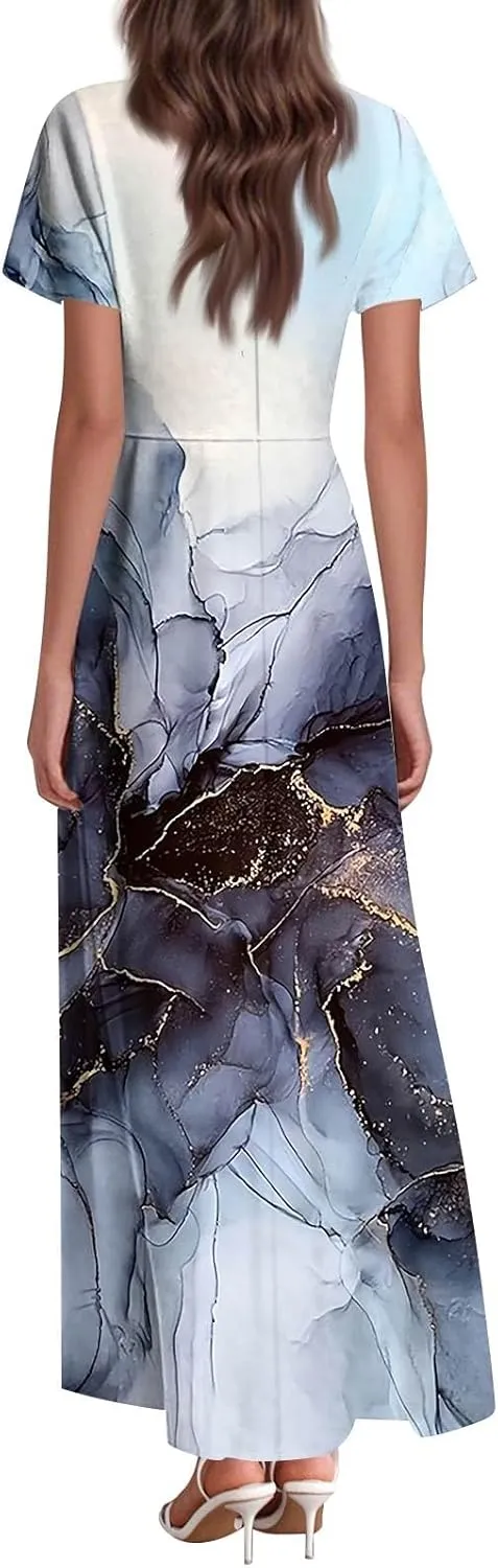 Women's 2025 Summer Maxi Dress Elegant Casual Floral Print Bohemian Ruffle Sleeve V Neck Beach Vacation Swing Dresses