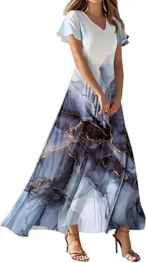 Women's 2025 Summer Maxi Dress Elegant Casual Floral Print Bohemian Ruffle Sleeve V Neck Beach Vacation Swing Dresses
