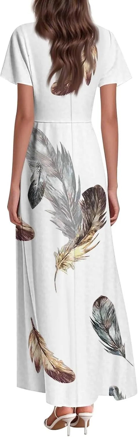 Women's 2025 Summer Maxi Dress Elegant Casual Floral Print Bohemian Ruffle Sleeve V Neck Beach Vacation Swing Dresses
