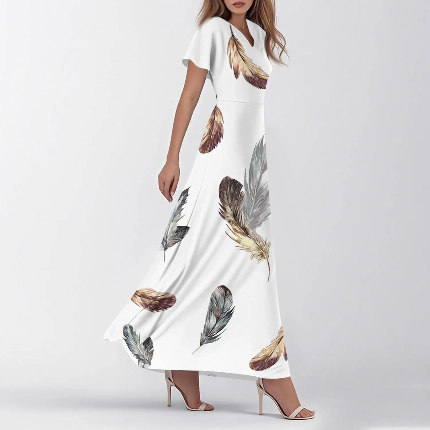 Women's 2025 Summer Maxi Dress Elegant Casual Floral Print Bohemian Ruffle Sleeve V Neck Beach Vacation Swing Dresses