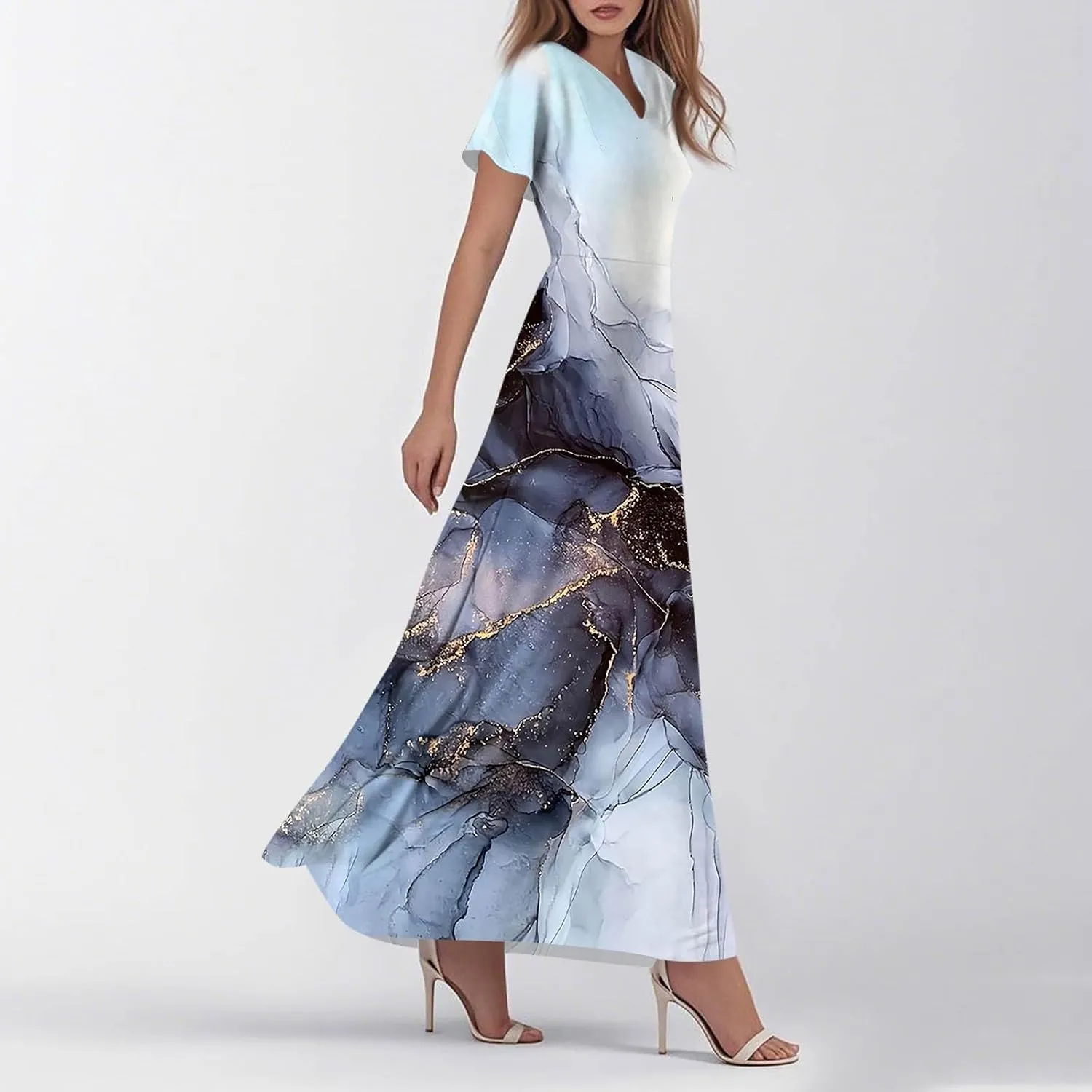 Women's 2025 Summer Maxi Dress Elegant Casual Floral Print Bohemian Ruffle Sleeve V Neck Beach Vacation Swing Dresses