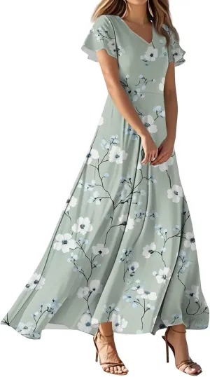Women's 2025 Summer Maxi Dress Elegant Casual Floral Print Bohemian Ruffle Sleeve V Neck Beach Vacation Swing Dresses