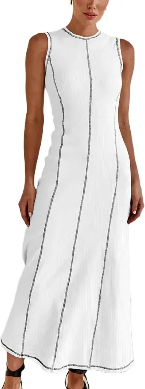 Women's 2025 Summer Sundress Elegant Casual Crew Neck Sleeveless Knit Striped Bodycon Maxi Dress