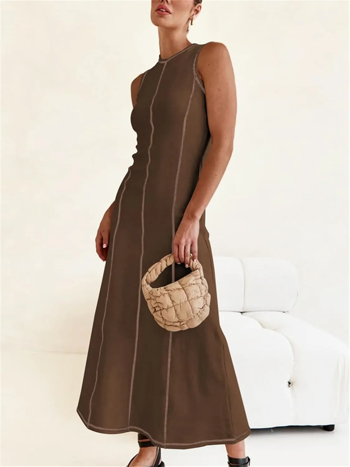 Women's 2025 Summer Sundress Elegant Casual Crew Neck Sleeveless Knit Striped Bodycon Maxi Dress