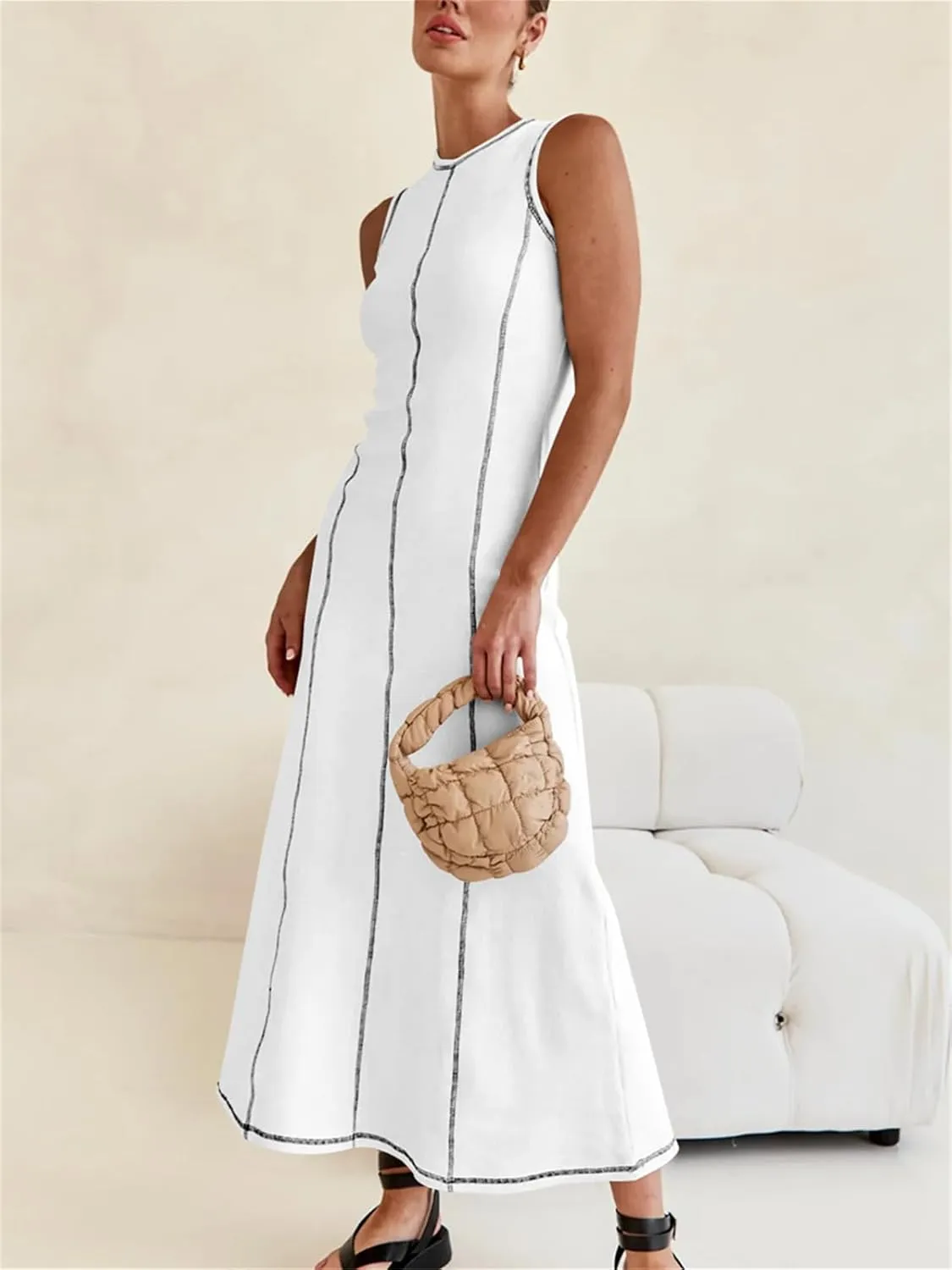 Women's 2025 Summer Sundress Elegant Casual Crew Neck Sleeveless Knit Striped Bodycon Maxi Dress
