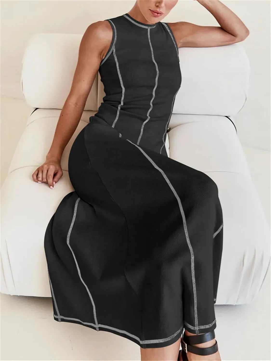 Women's 2025 Summer Sundress Elegant Casual Crew Neck Sleeveless Knit Striped Bodycon Maxi Dress