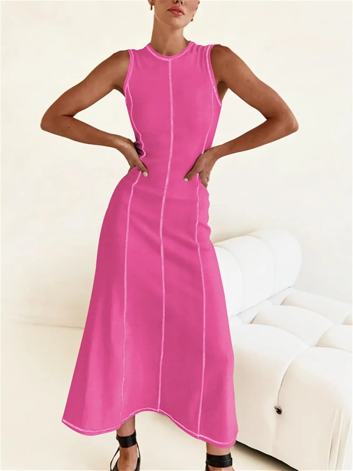 Women's 2025 Summer Sundress Elegant Casual Crew Neck Sleeveless Knit Striped Bodycon Maxi Dress