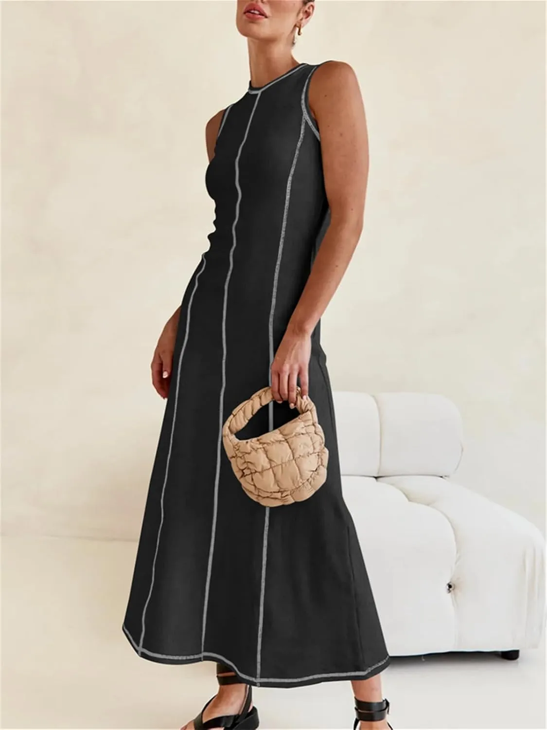 Women's 2025 Summer Sundress Elegant Casual Crew Neck Sleeveless Knit Striped Bodycon Maxi Dress