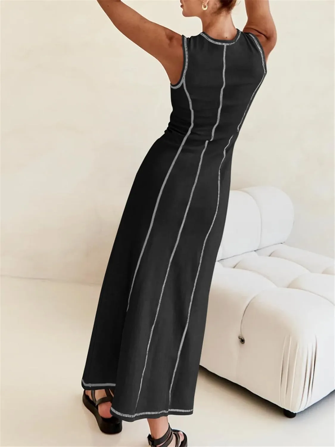 Women's 2025 Summer Sundress Elegant Casual Crew Neck Sleeveless Knit Striped Bodycon Maxi Dress