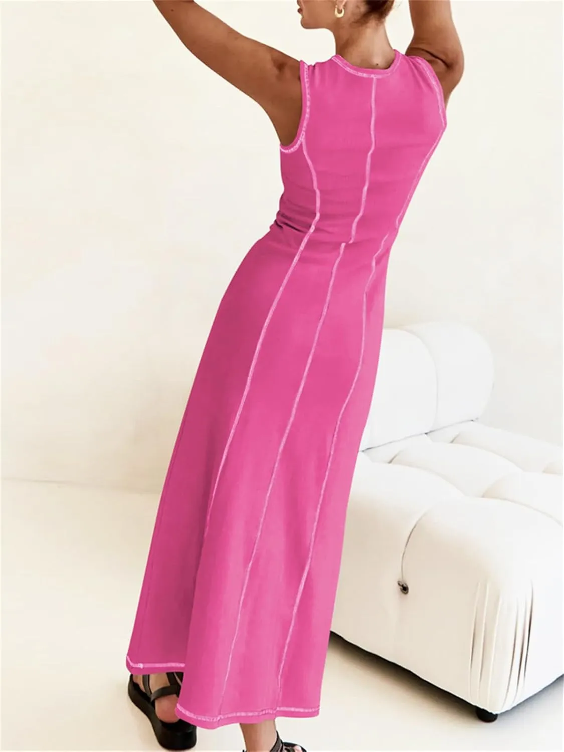 Women's 2025 Summer Sundress Elegant Casual Crew Neck Sleeveless Knit Striped Bodycon Maxi Dress