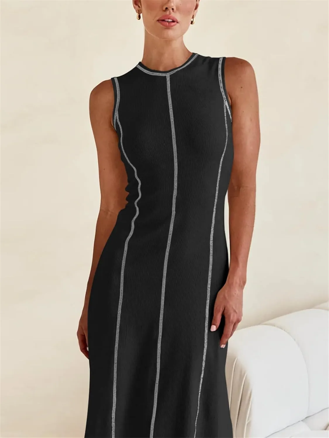 Women's 2025 Summer Sundress Elegant Casual Crew Neck Sleeveless Knit Striped Bodycon Maxi Dress