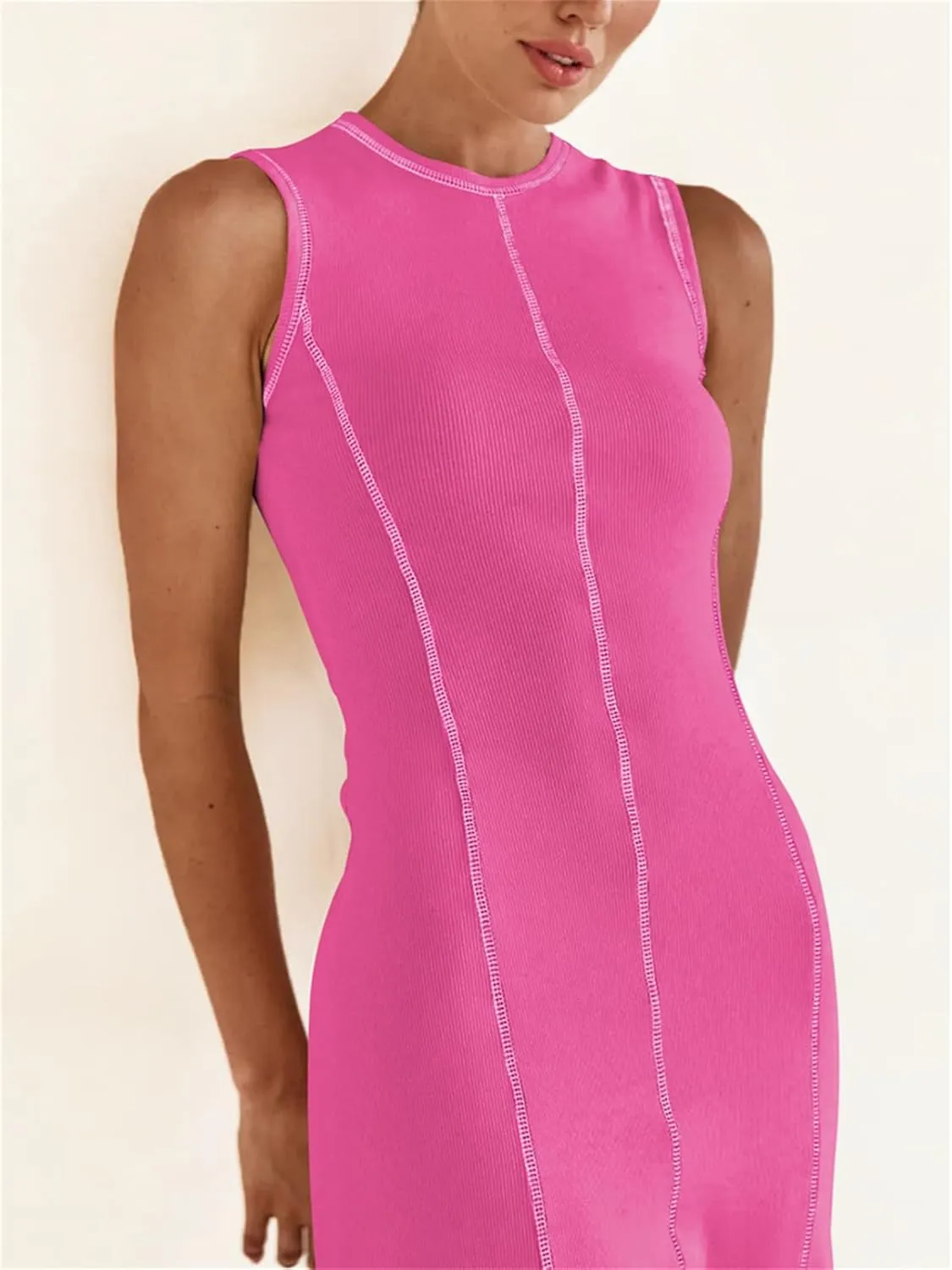 Women's 2025 Summer Sundress Elegant Casual Crew Neck Sleeveless Knit Striped Bodycon Maxi Dress