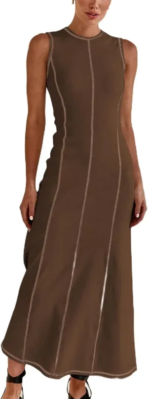 Women's 2025 Summer Sundress Elegant Casual Crew Neck Sleeveless Knit Striped Bodycon Maxi Dress
