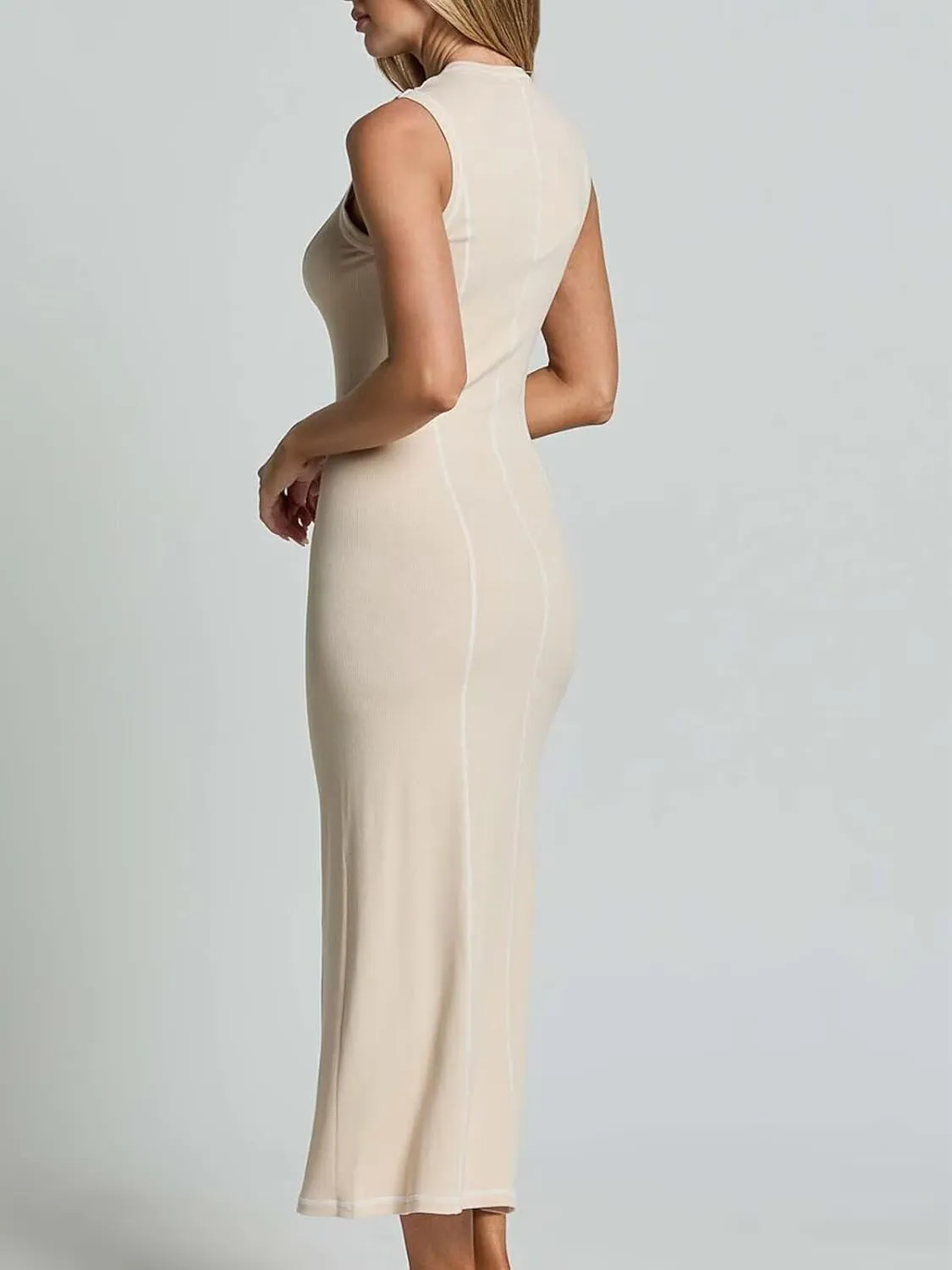 Women's 2025 Summer Sundress Elegant Casual Crew Neck Sleeveless Knit Striped Bodycon Maxi Dress