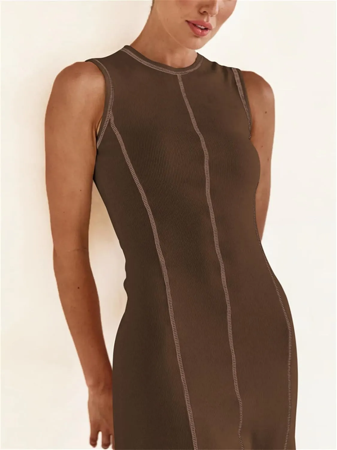 Women's 2025 Summer Sundress Elegant Casual Crew Neck Sleeveless Knit Striped Bodycon Maxi Dress