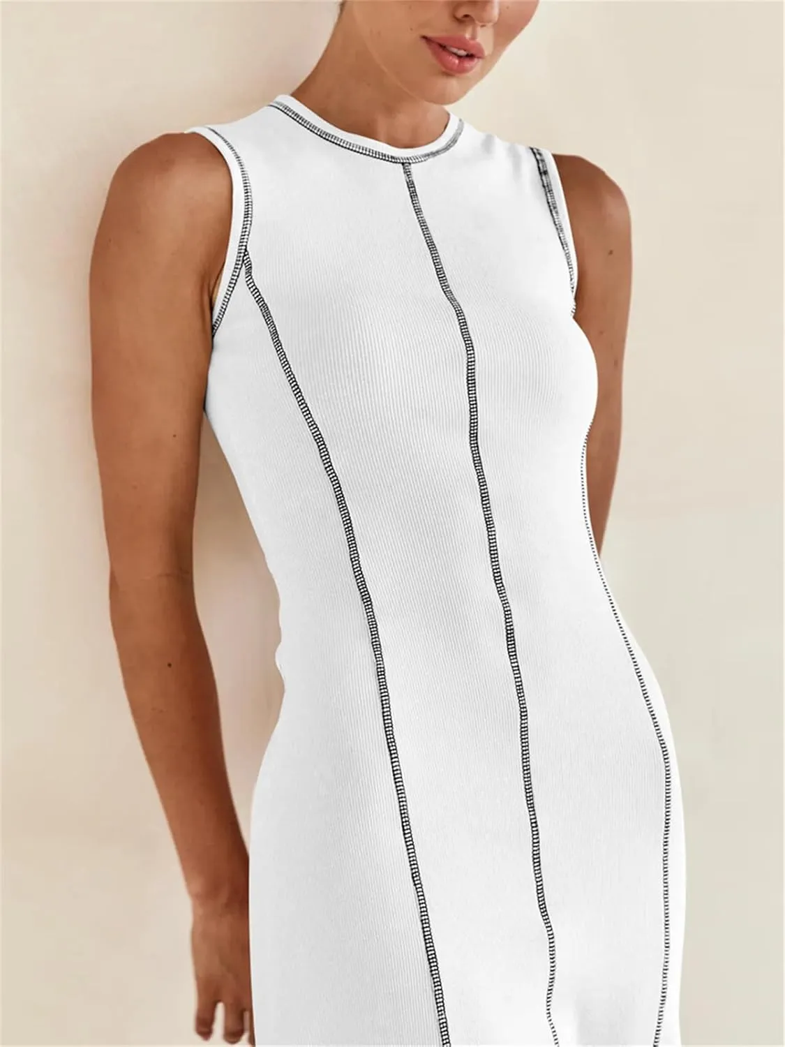 Women's 2025 Summer Sundress Elegant Casual Crew Neck Sleeveless Knit Striped Bodycon Maxi Dress