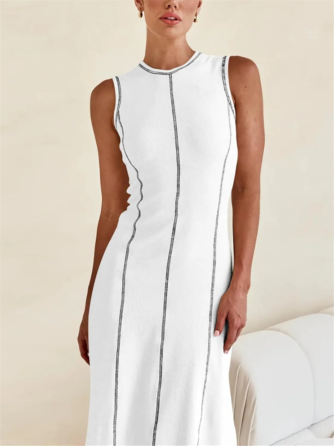 Women's 2025 Summer Sundress Elegant Casual Crew Neck Sleeveless Knit Striped Bodycon Maxi Dress