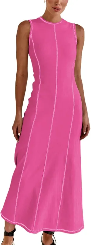 Women's 2025 Summer Sundress Elegant Casual Crew Neck Sleeveless Knit Striped Bodycon Maxi Dress