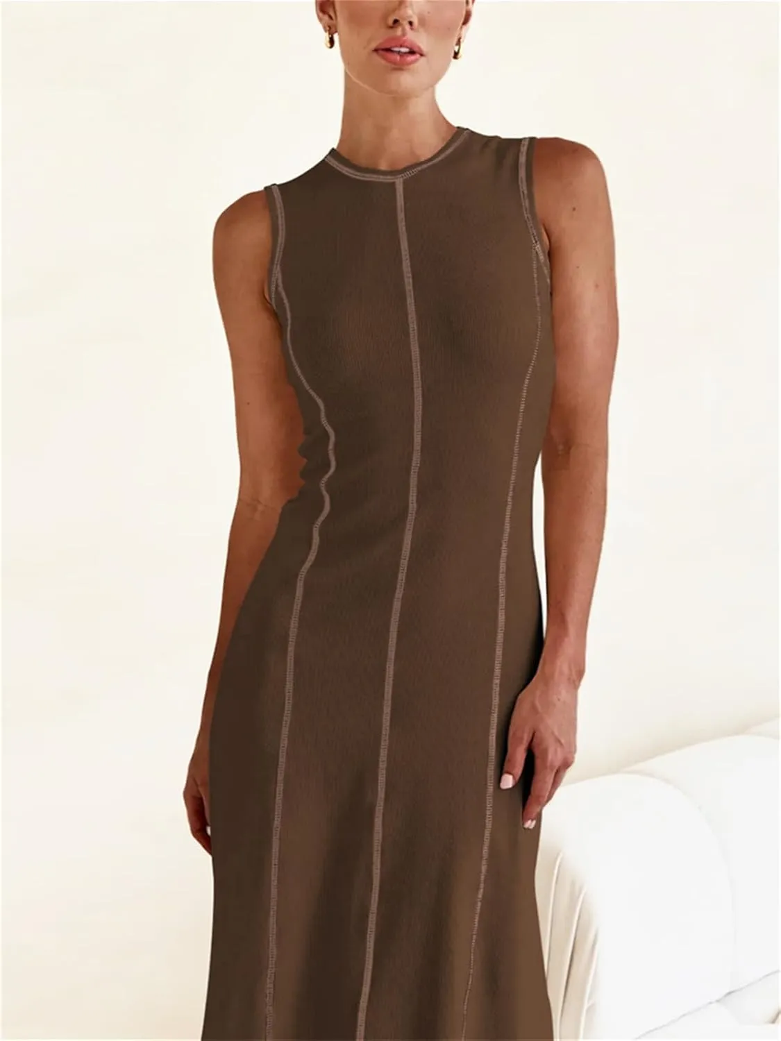Women's 2025 Summer Sundress Elegant Casual Crew Neck Sleeveless Knit Striped Bodycon Maxi Dress