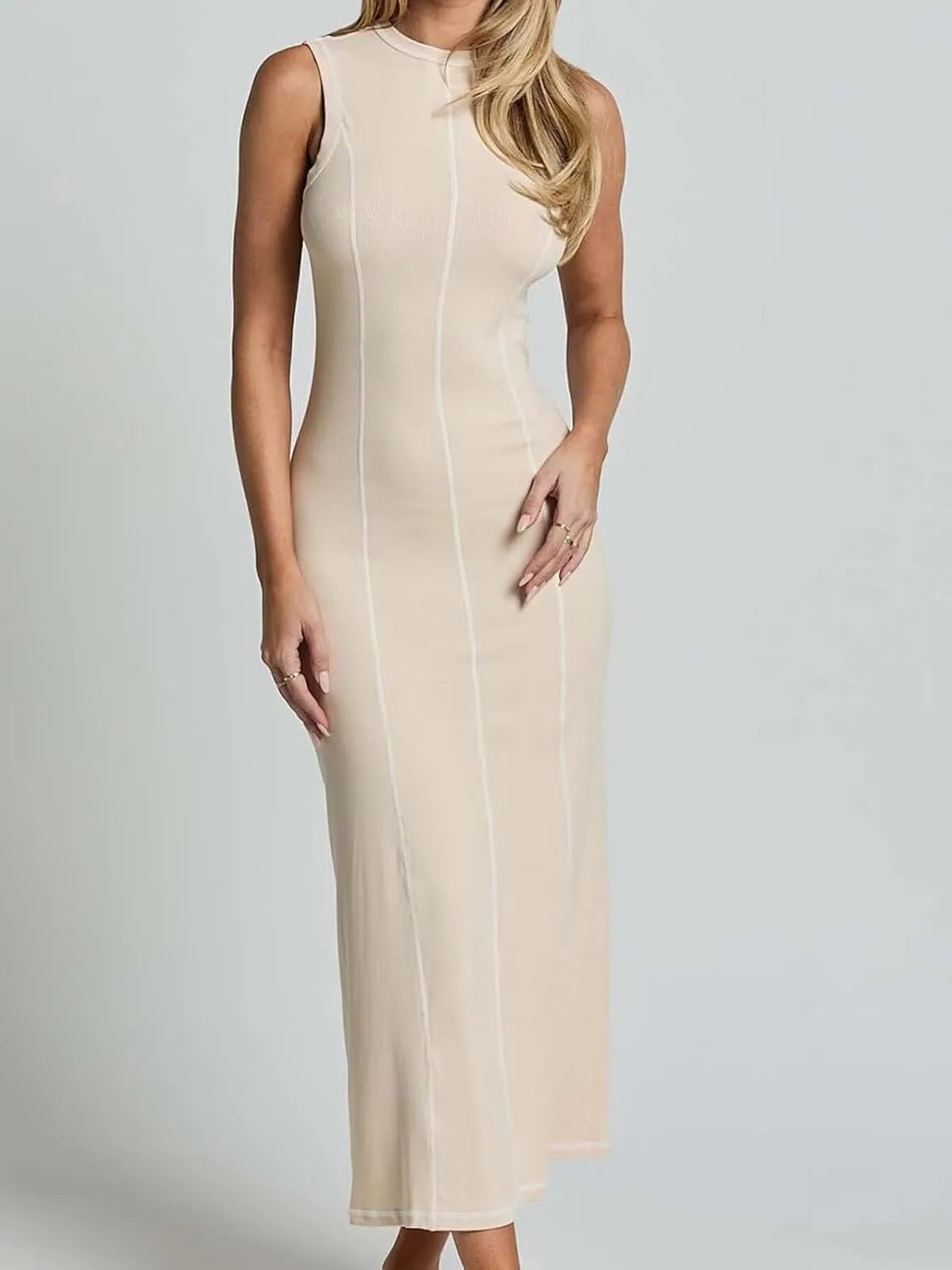 Women's 2025 Summer Sundress Elegant Casual Crew Neck Sleeveless Knit Striped Bodycon Maxi Dress