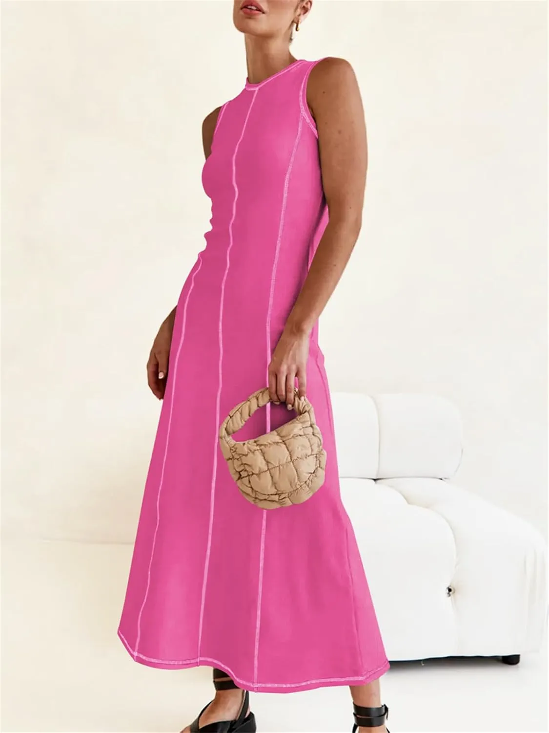 Women's 2025 Summer Sundress Elegant Casual Crew Neck Sleeveless Knit Striped Bodycon Maxi Dress