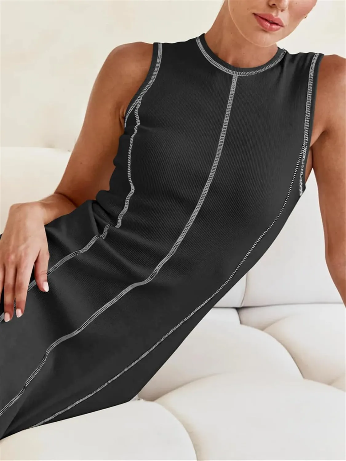 Women's 2025 Summer Sundress Elegant Casual Crew Neck Sleeveless Knit Striped Bodycon Maxi Dress