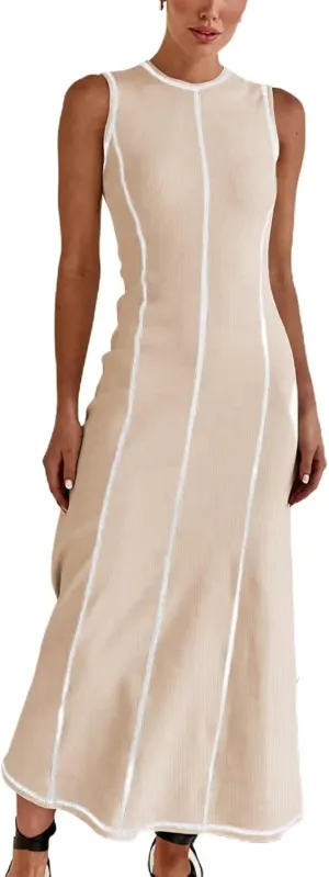 Women's 2025 Summer Sundress Elegant Casual Crew Neck Sleeveless Knit Striped Bodycon Maxi Dress
