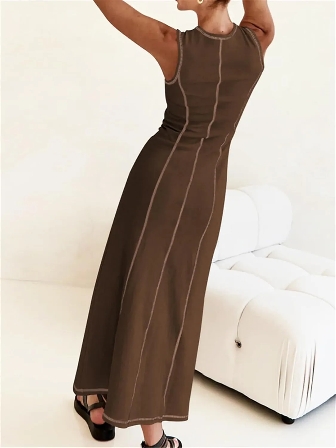 Women's 2025 Summer Sundress Elegant Casual Crew Neck Sleeveless Knit Striped Bodycon Maxi Dress