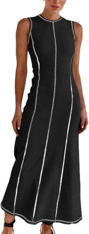 Women's 2025 Summer Sundress Elegant Casual Crew Neck Sleeveless Knit Striped Bodycon Maxi Dress