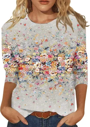 Womens 3/4 Sleeve Tops 2025 Spring Print Round Neck Shirts Loose Fit Three Quarter Sleeve Tshirts