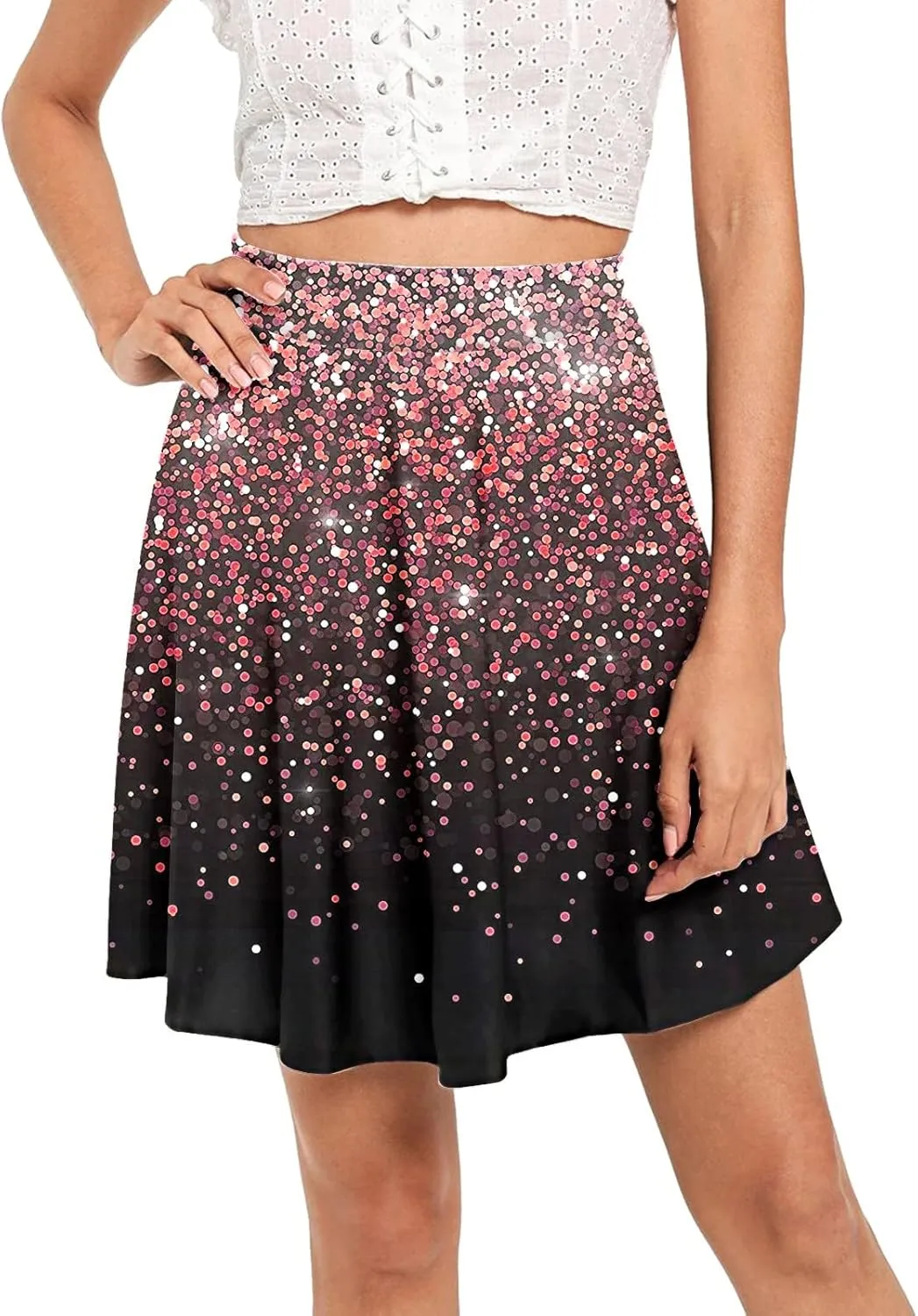 Womens A Line Midi Skirt High Elastic Waist Sequin Skirts Pleated Ruffle Hem Mini Vintage Elegant Casual Skirts
