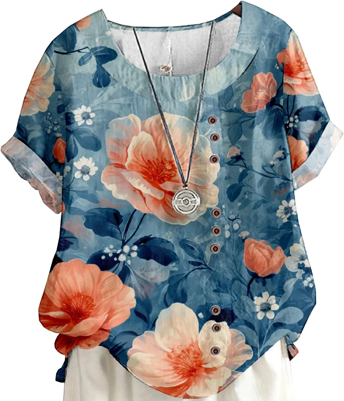 Women's Boho Floral Print Shirt Short Sleeve Casual Button Shirts Round Neck T-Shirt Summer Fashion Loose Tunic Tops