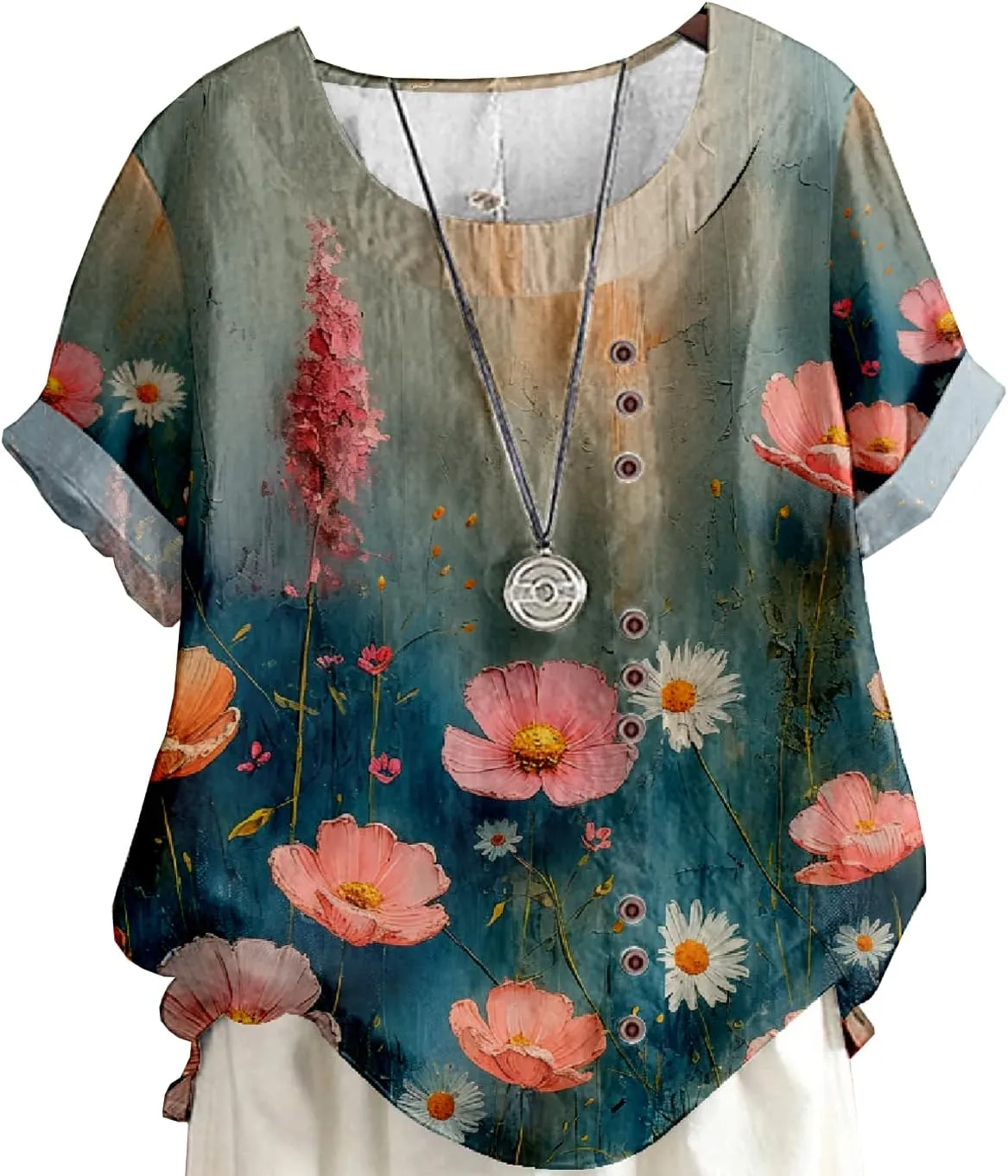 Women's Boho Floral Print Shirt Short Sleeve Casual Button Shirts Round Neck T-Shirt Summer Fashion Loose Tunic Tops