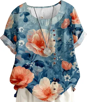 Women's Boho Floral Print Shirt Short Sleeve Casual Button Shirts Round Neck T-Shirt Summer Fashion Loose Tunic Tops