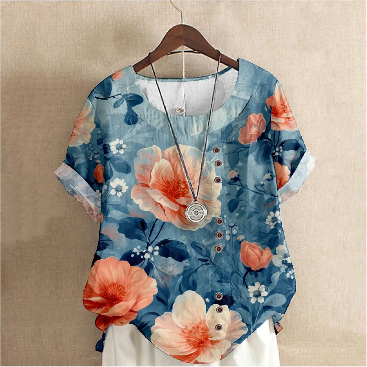 Women's Boho Floral Print Shirt Short Sleeve Casual Button Shirts Round Neck T-Shirt Summer Fashion Loose Tunic Tops