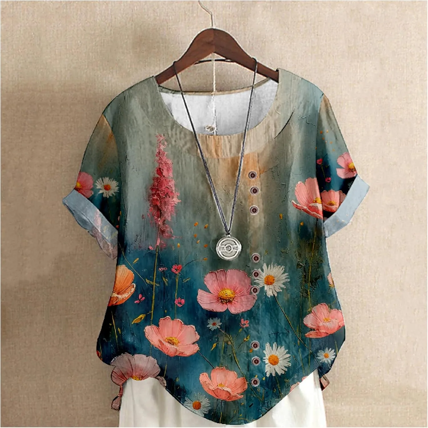 Women's Boho Floral Print Shirt Short Sleeve Casual Button Shirts Round Neck T-Shirt Summer Fashion Loose Tunic Tops