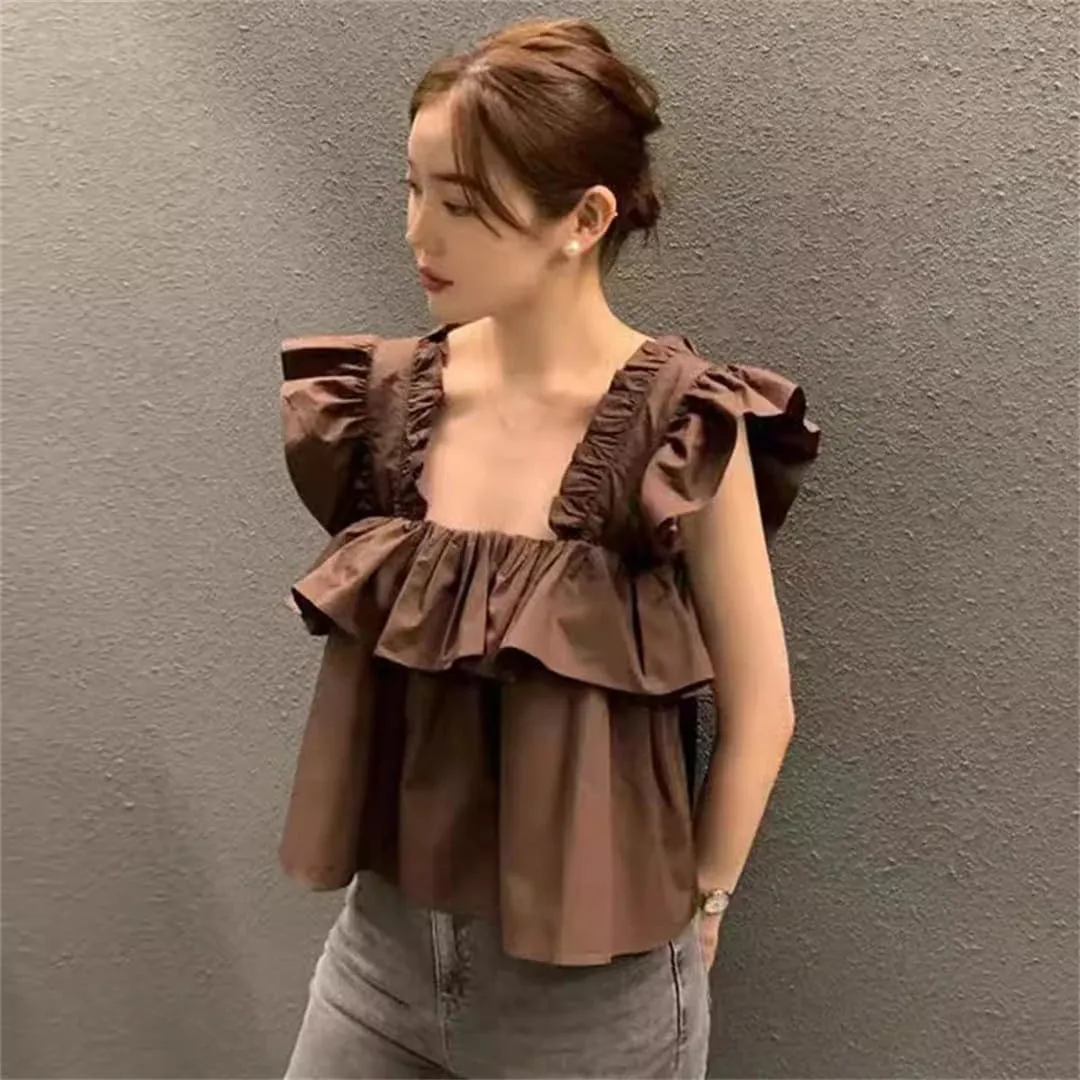 Women's Camisole Shirt Summer Women's Ruffled Loose Flying Sleeve Shirt
