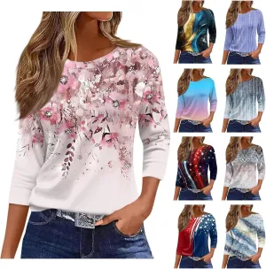 Women's Casual Crew-Neck 3/4 Sleeve Floral Print Loose Blouse Top for Spring Summer Fashion Outfit 2025